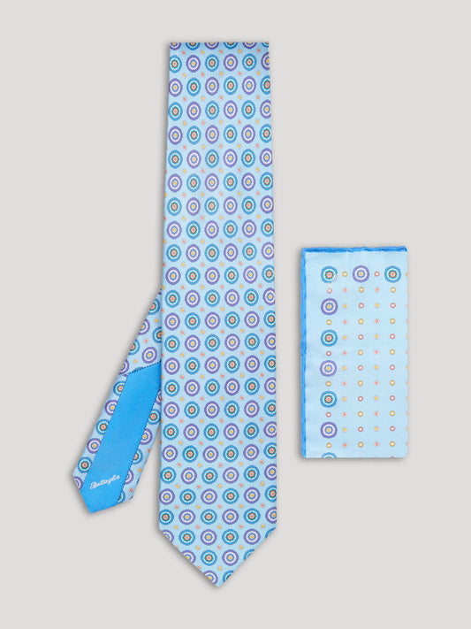 Yellow, purple and blue silk tie with large pattern and matching handkerchief