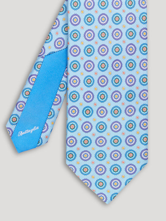 Yellow, purple and blue silk tie with large pattern