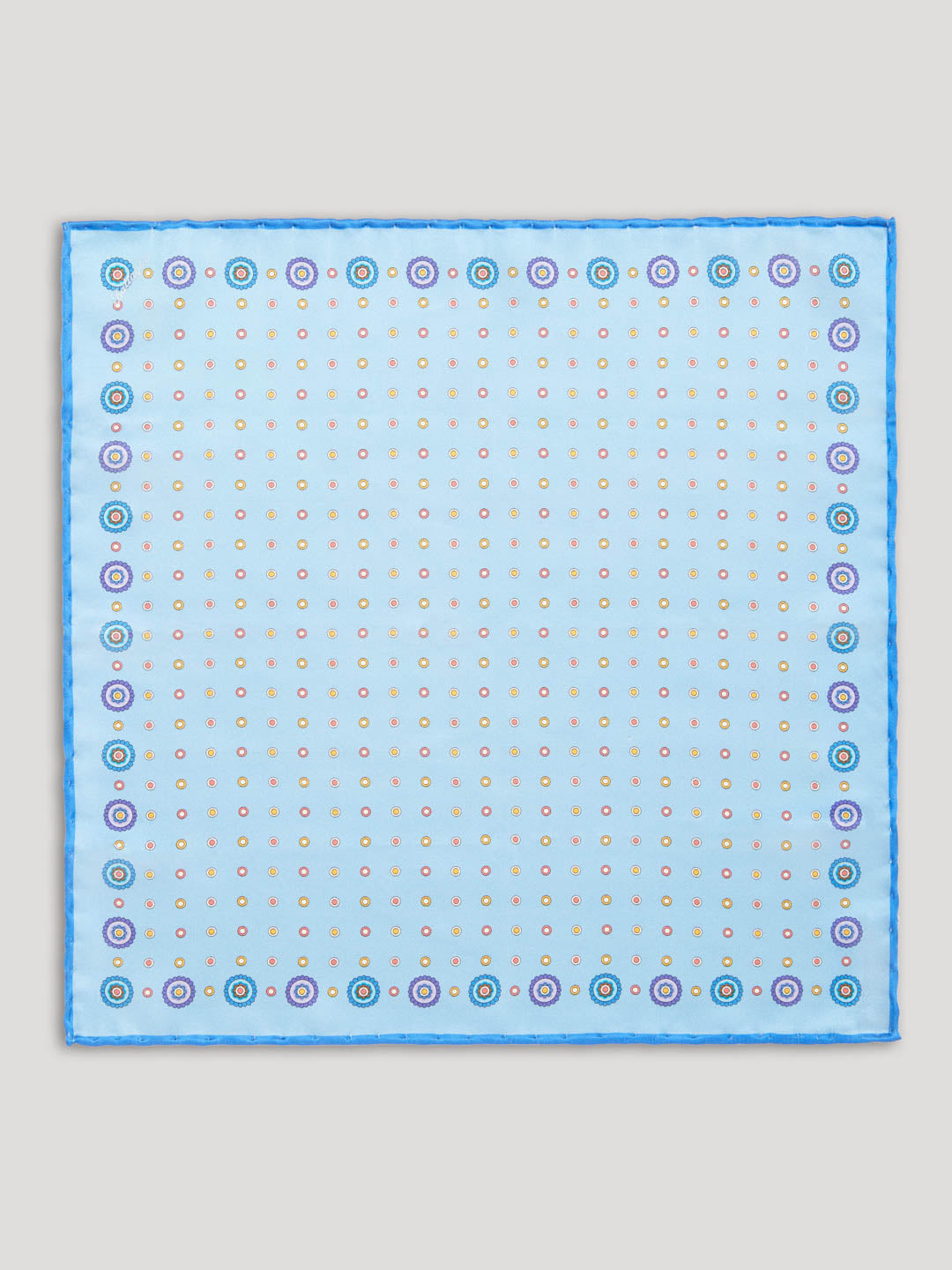 Yellow, purple and blue silk handkerchief with large pattern.