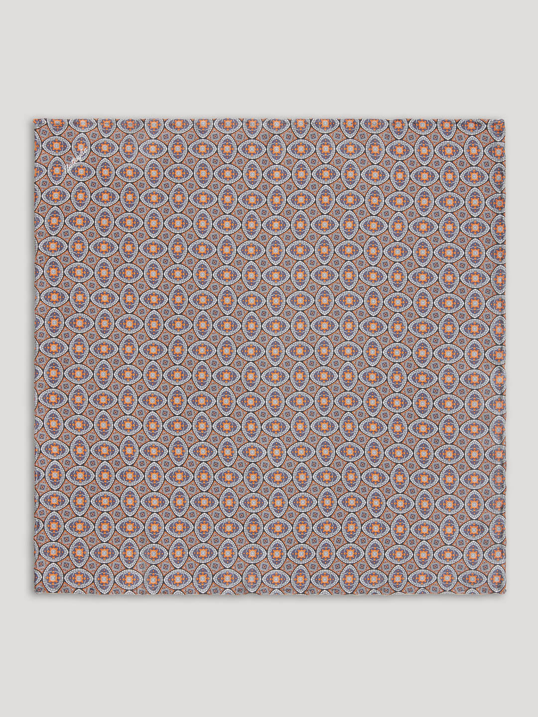 Orange and blue silk silk handkerchief with large pattern.
