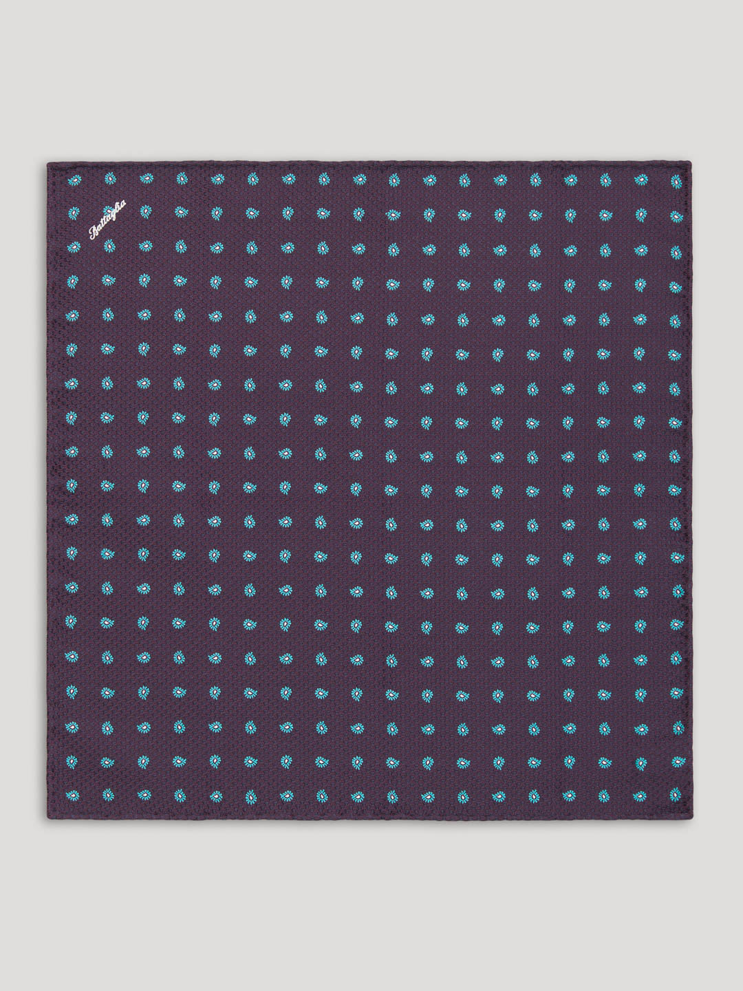 Purple handkerchief with small blue paisley design.