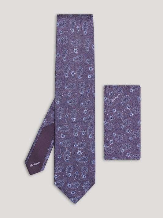 Purple paisley tie with matching handkerchief.