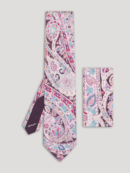 Purple and pink paisley tie with matching handkerchief.