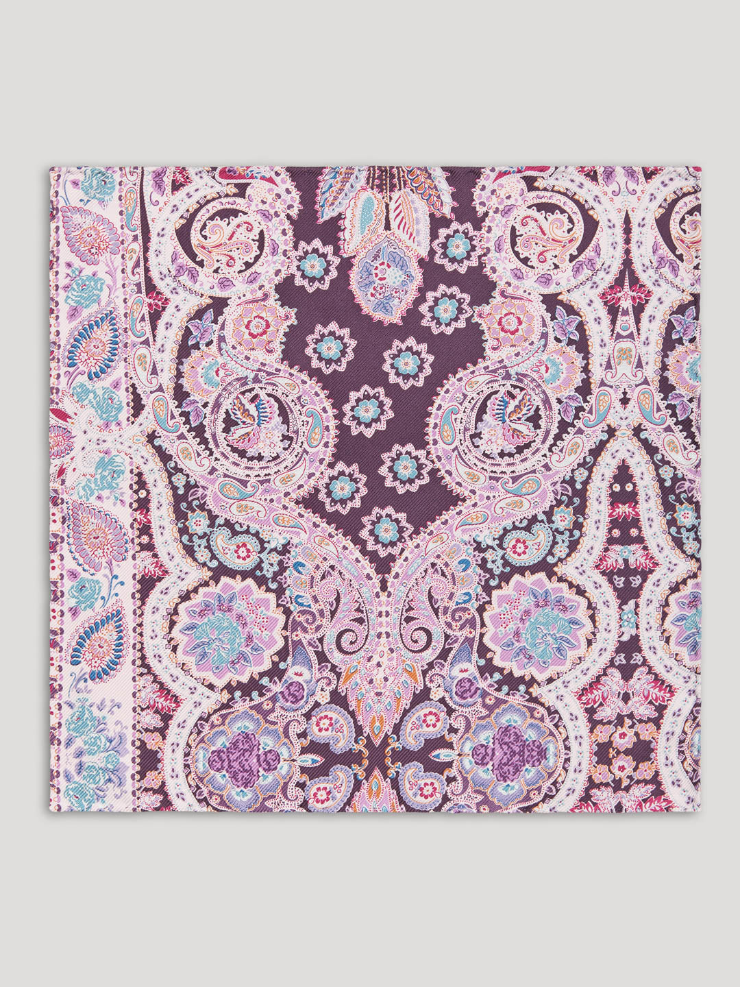 Pink and purple paisley handkerchief.
