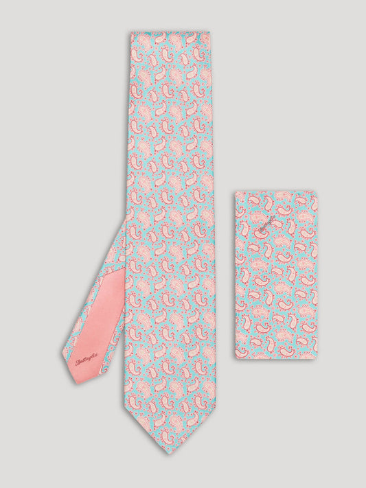 Baby pink and light blue paisley tie with matching handkerchief. 