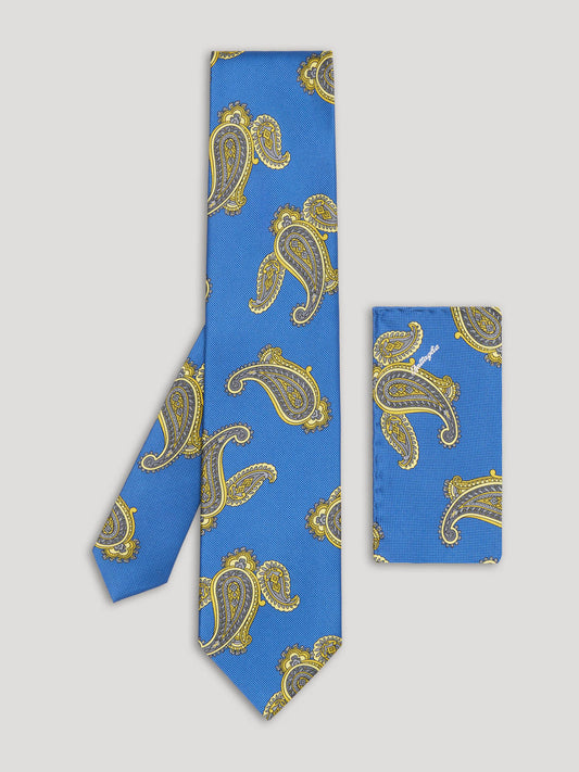 Blue and green paisley tie with matching handkerchief.