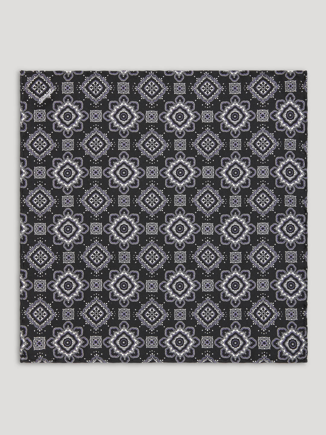 Black, grey, and silver paisley handkerchief.