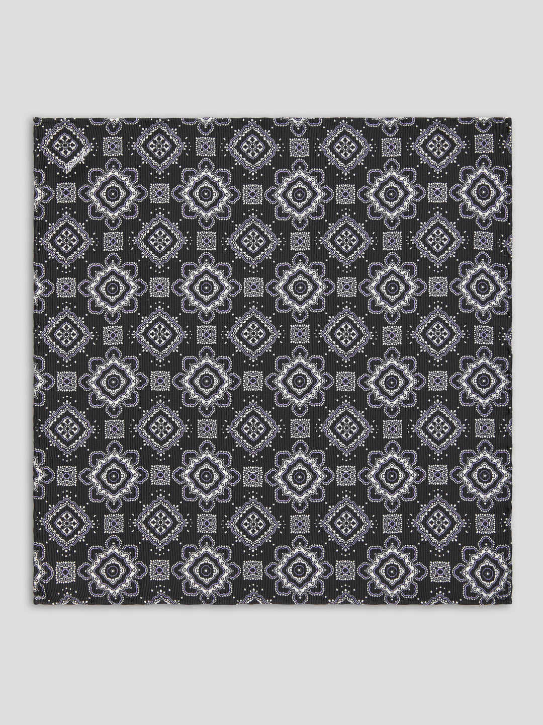 Black, grey, and silver paisley handkerchief. 