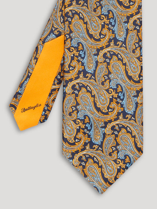Yellow and blue paisley tie.
