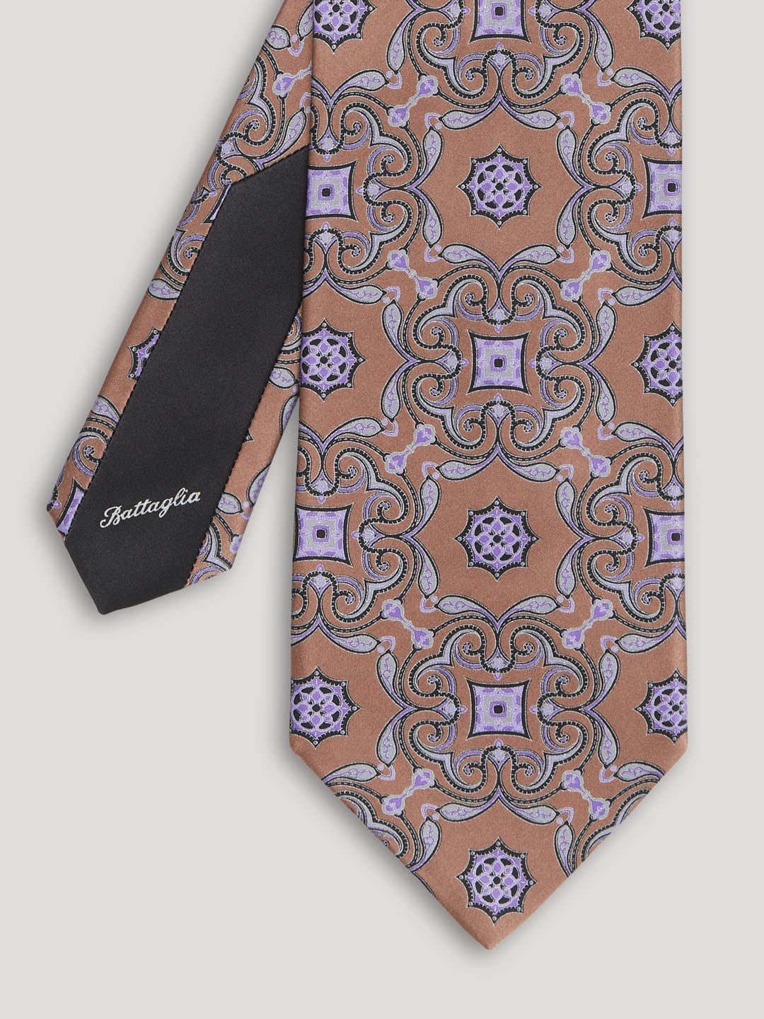 Purple and brown paisley tie. 