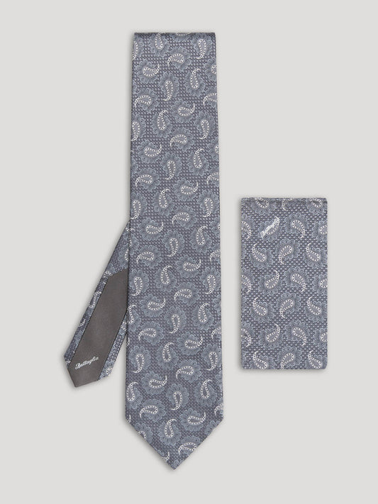 Grey paisley tie with matching handkerchief.