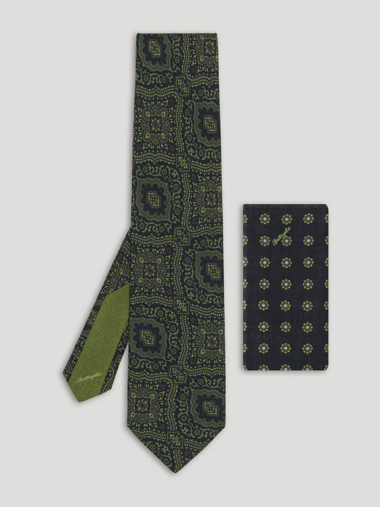 Green and black silk paisley tie with matching handkerchief.