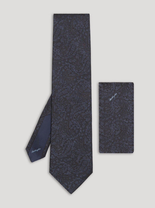 Blue and black paisley silk tie with matching handkerchief.