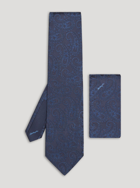 Blue paisley silk tie with matching handkerchief.