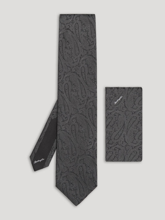 Black paisley silk tie with matching handkerchief.