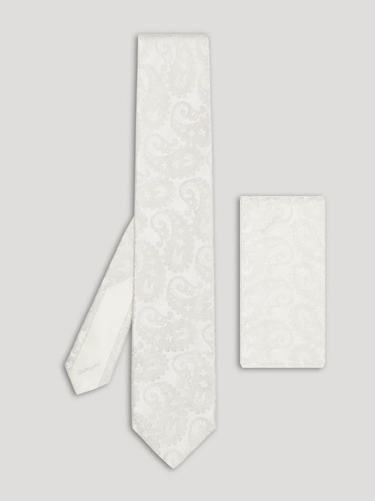White paisley silk tie with matching handkerchief.