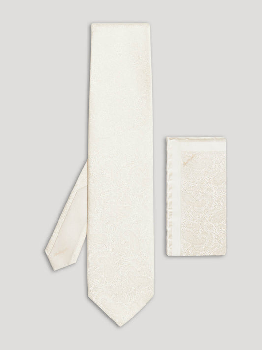 Cream white paisley silk tie with matching handkerchief.