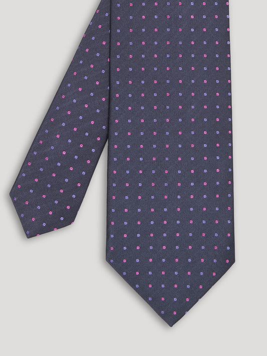 Purple tie with pink and blue polkadots.