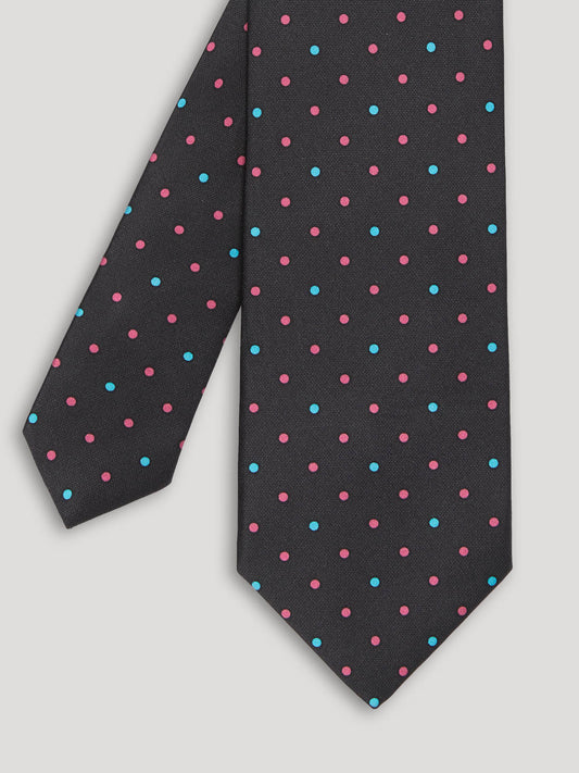 Black tie with pink and blue polkadots.