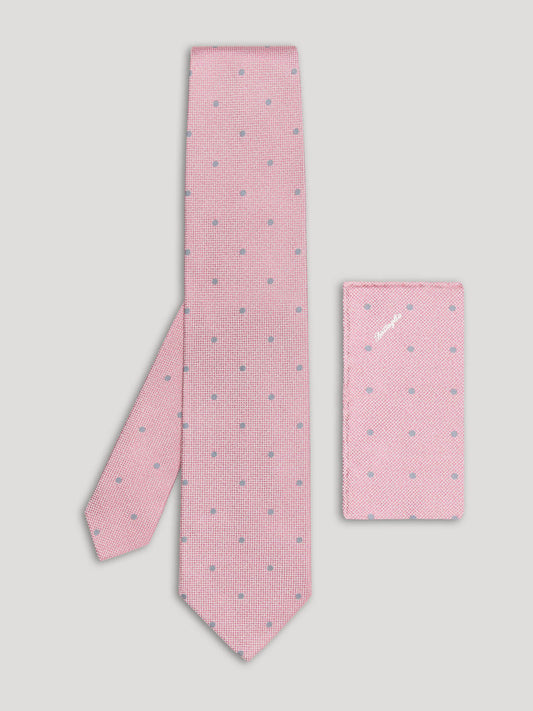 Baby pink tie with grey polkadots and matching handkerchief.