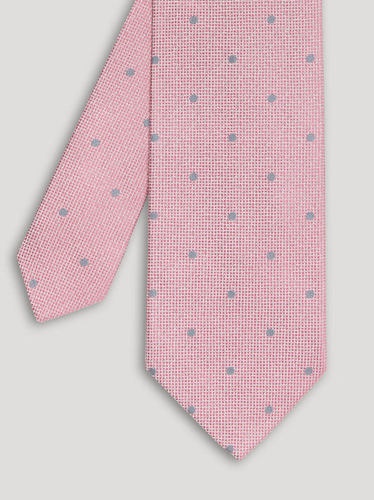 Baby pink tie with grey polkadots.