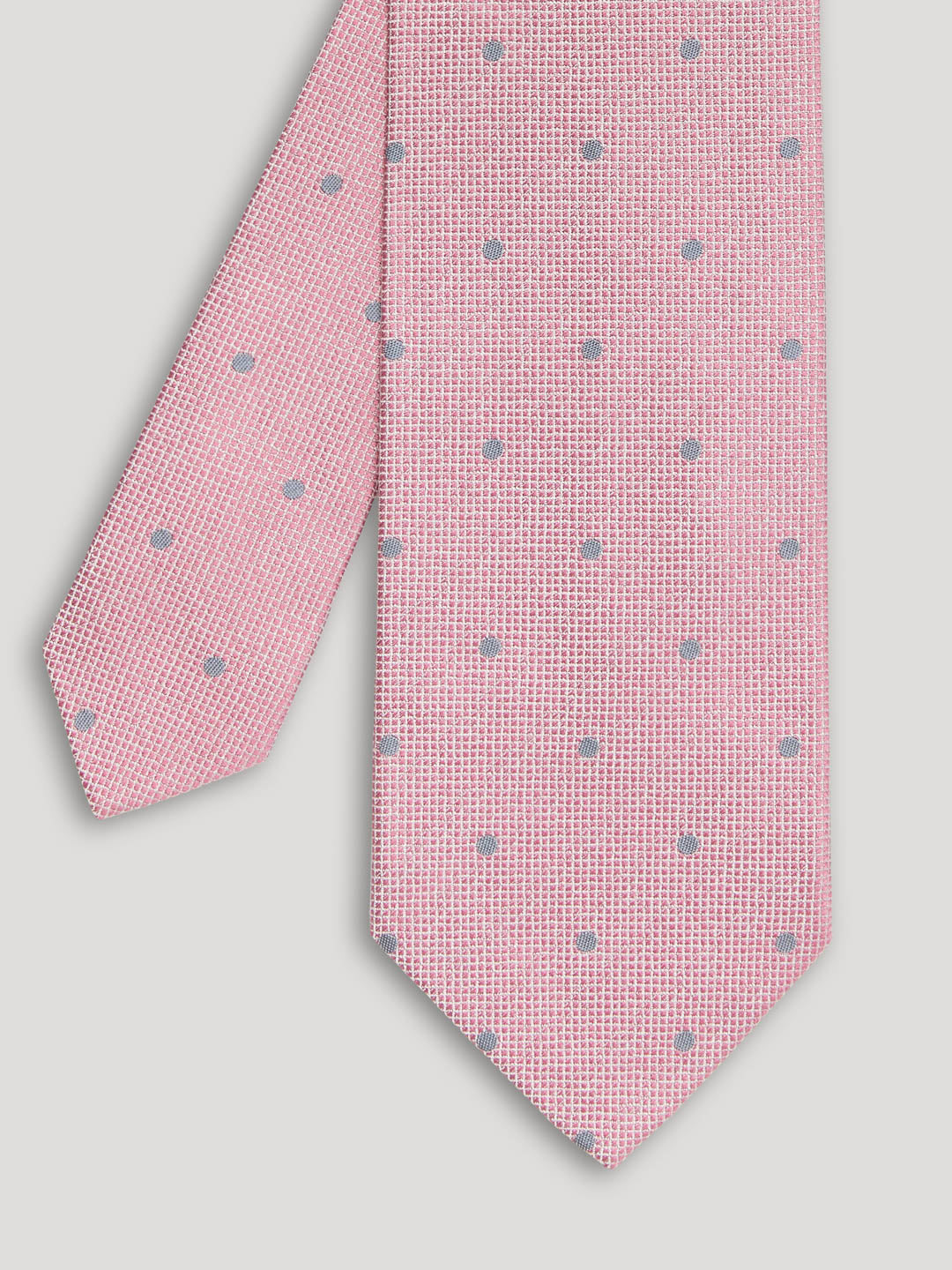 Baby pink tie with grey polkadots. 