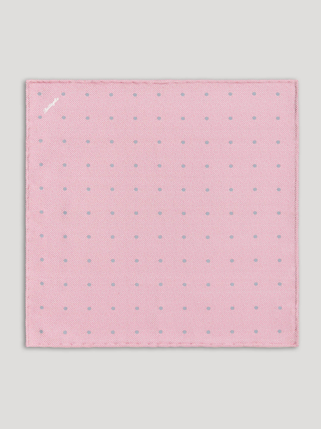 Baby pink handkerchief with grey polkadots.