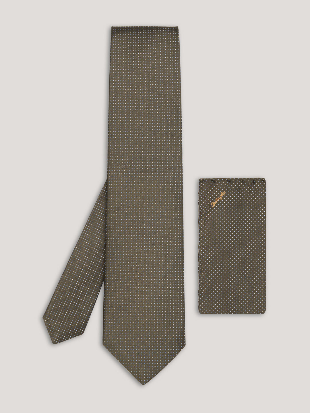 Olive green tie with small pattern design and matching handkerchief.