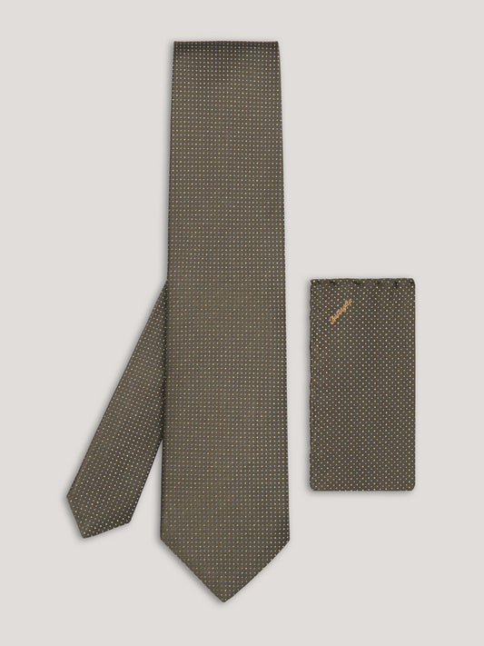 Olive green tie with small pattern design and matching handkerchief. 