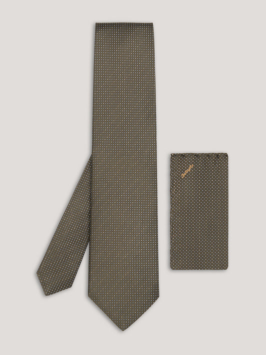 Olive green tie with small pattern design and matching handkerchief.