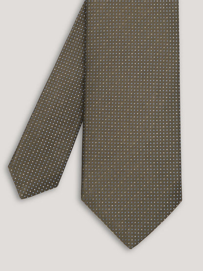 Olive green tie with small pattern design. 
