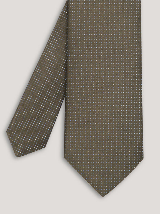 Olive green tie with small pattern design.