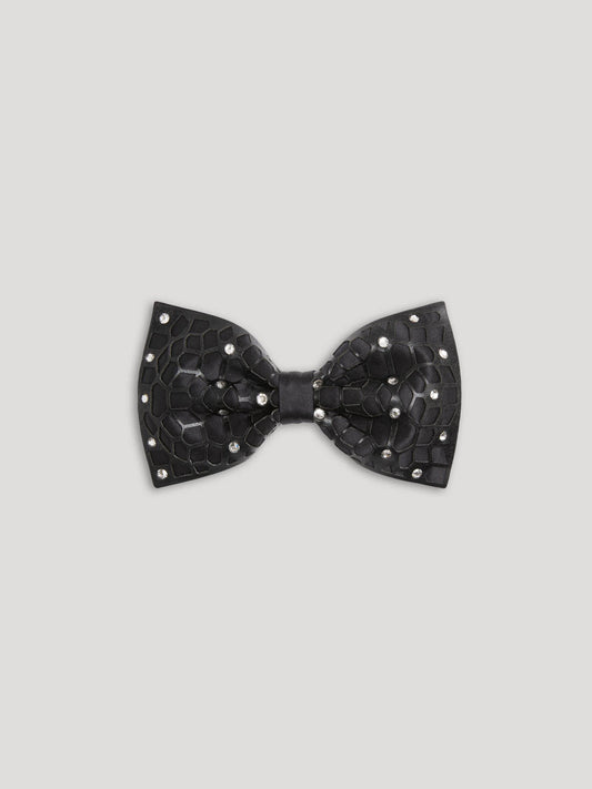 Black bow tie with leather and crystal details. 