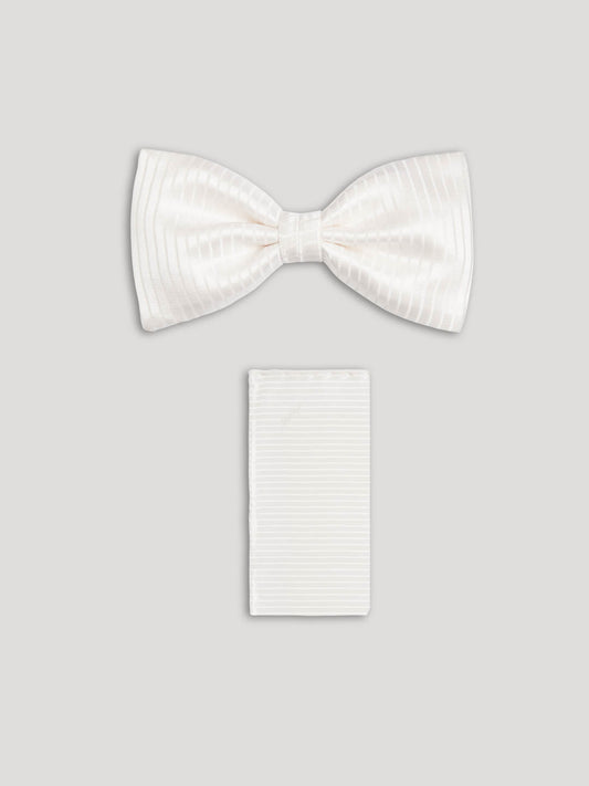 White silk bow tie with matching handkerchief. 