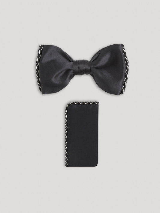 Black silk bow ties with woven side details and matching handkerchief. 
