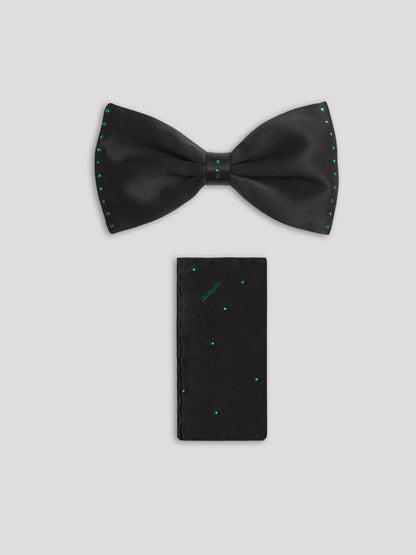 Black silk bow tie with matching handkerchief and green swarovski crystal details. 