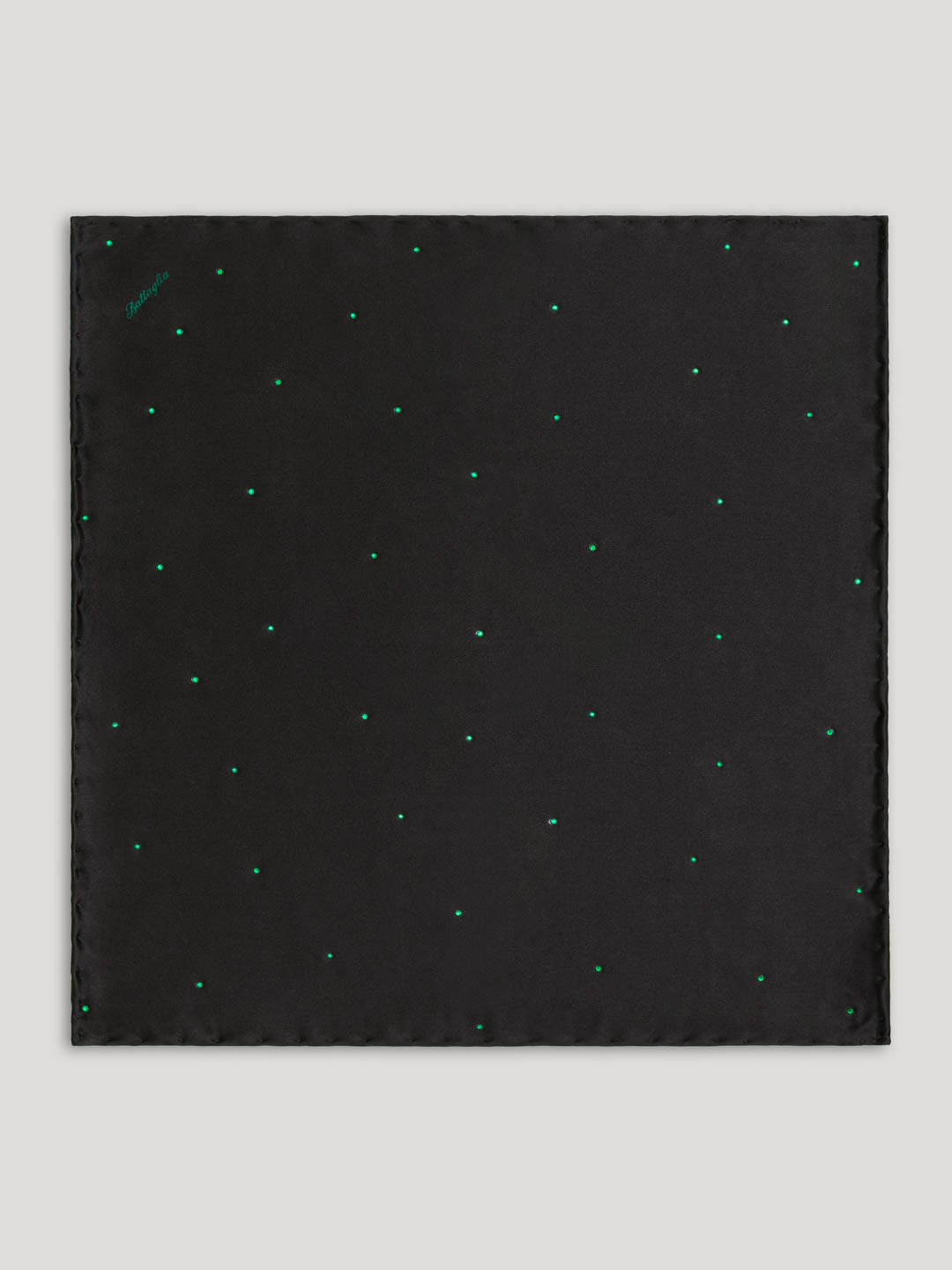 Black silk handkerchief with green swarovski crystal details. 