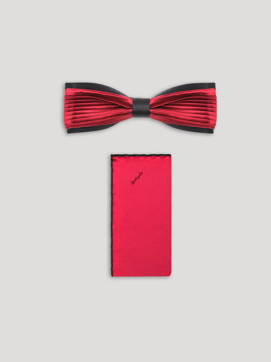 Red pleated bowtie with matching handkerchief. 