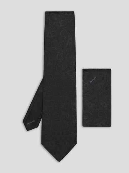 Black tone on tone paisley tie with matching handkerchief. 