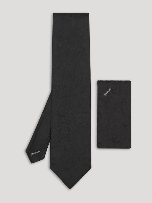 Black silk tie with matching handkerchief. 