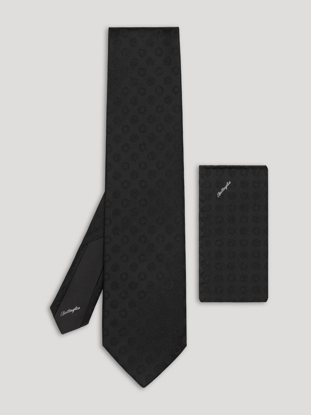 Black tone on tone polkadot silk tie with handkerchief. 