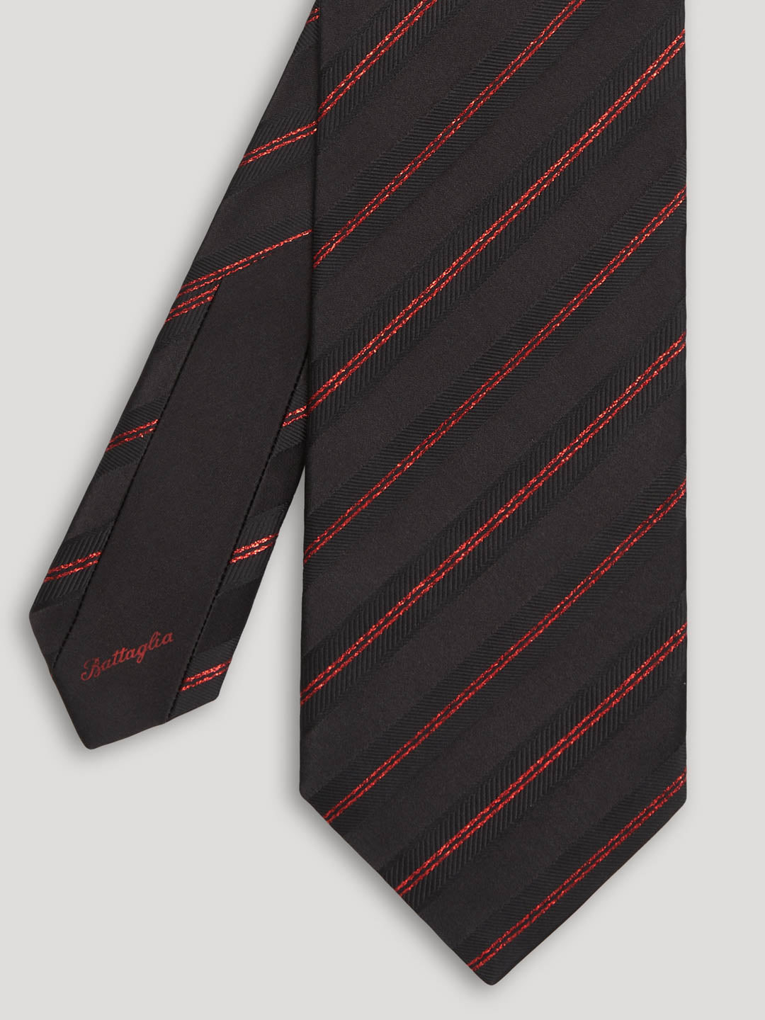 Black tie with red stripes. 
