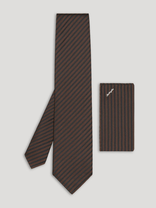Brown and black stripe tie with handkerchief. 