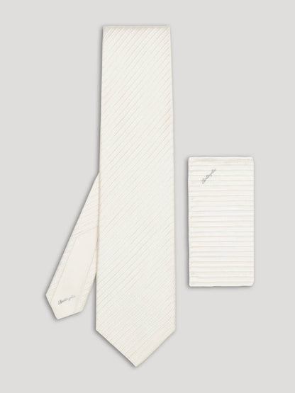 White striped tie with handkerchief. 