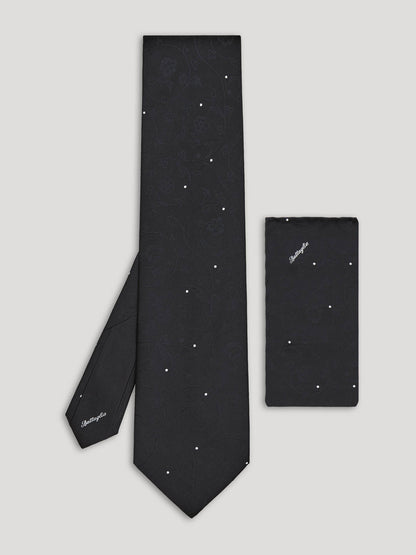 Black floral and polkadot silk tie with handkerchief. 