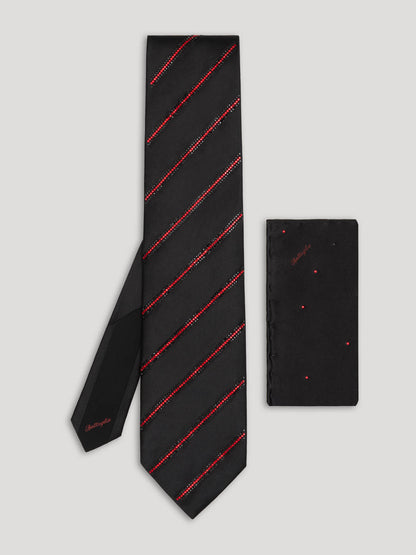 Black tie with Swarovski red stripes and matching handkerchief. 