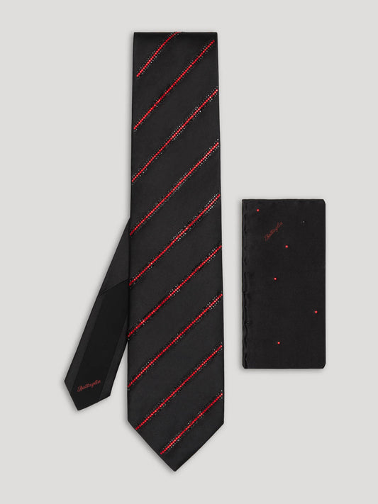 Black tie with Swarovski red stripes and matching handkerchief.