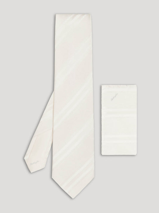 White stripe tie with handkerchief.