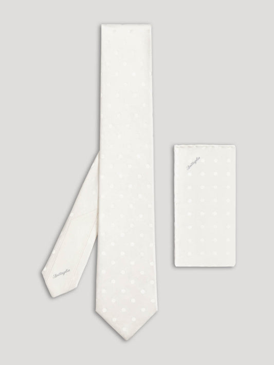 White polkadots silk tie with handkerchief.