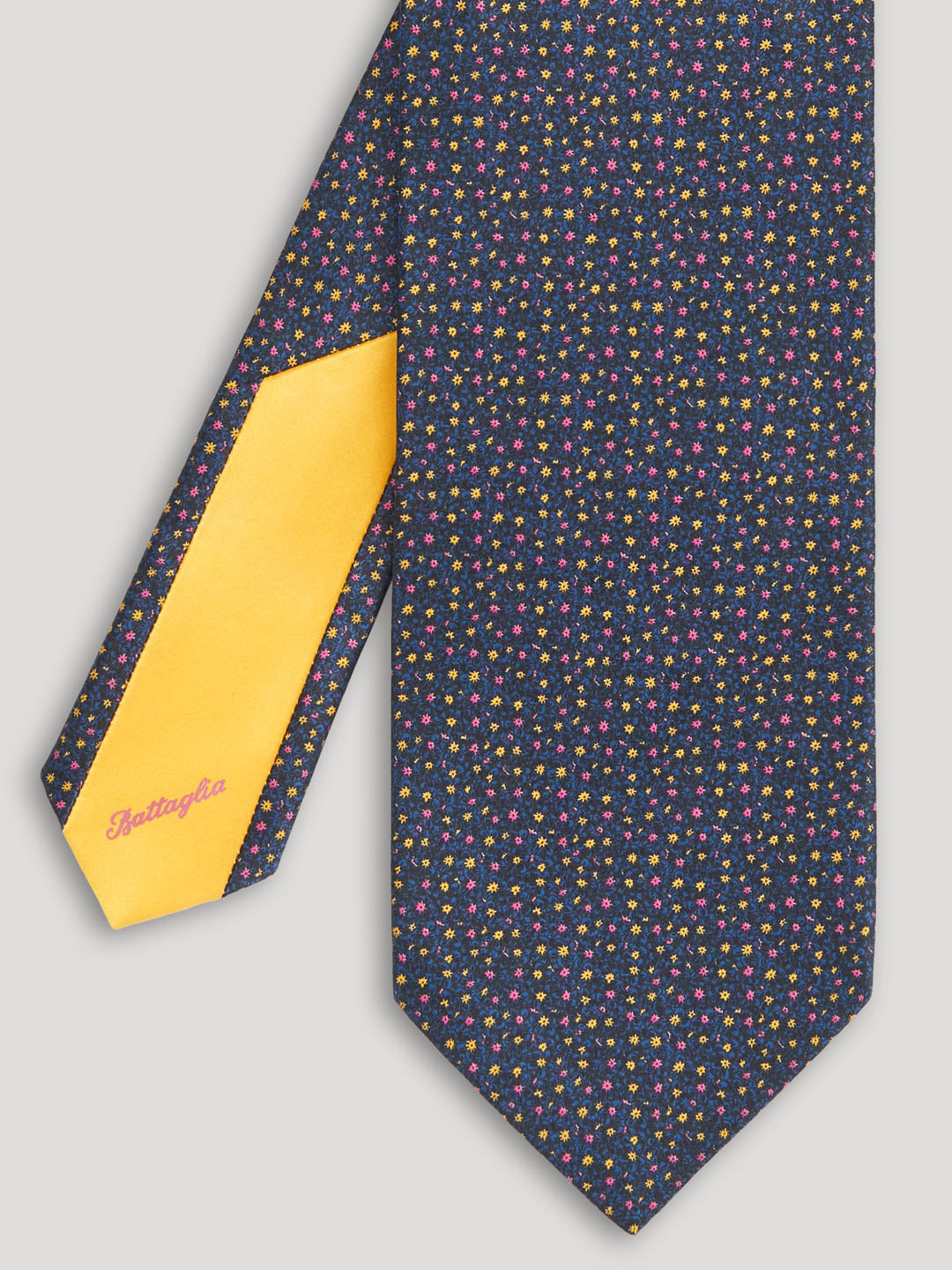Navy blue floral tie with pink and yellow floral details.